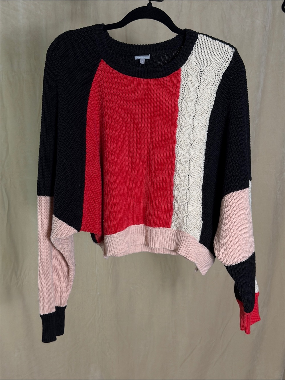 Charlotte Russe Colorblock Crewneck Sweater in Red, Black, Cream, Pink
